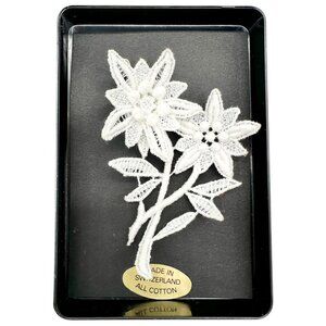 Swiss-Made Edelweiss Lace Brooch Pin All Cotton Floral Design 2 x 2.5 Inches